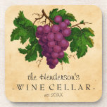 Wine Cellar with Grapes Vintage Personalised Name Coaster<br><div class="desc">Create your own, custom vintage-looking wine cellar coaster set with this easy template. These elegant cork-and-plastic drink coasters feature an antique cluster of purple grapes, recolored and brightened so they contrast nicely against the aged, slightly stained parchment background. The text reads [Your Name's] Wine Cellar, established [year]. All text can...</div>