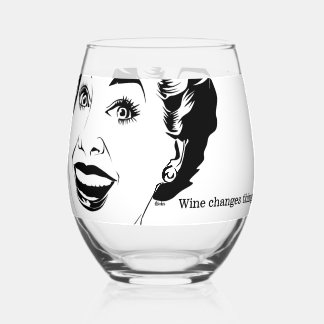 Wine Changes Things! Retro Illustrated Happy Woman Stemless Wine Glass