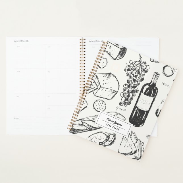 Wine & Cheese Sketch Personalised 2027 Monthly Planner (Display)