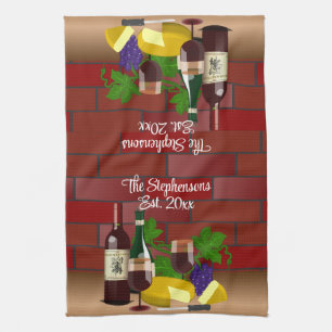 Wine Cheese Table Scene Tea Towel