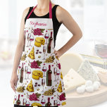 Wine & Cheese Tasting Print, Custom Text Apron<br><div class="desc">A custom apron featuring a pattern of wine bottles,  cheese and wine glasses.  Add a name or custom text to personalise. Perfect for a birthday,  bridal shower gift or anyone who loves wine or has a wine cellar.</div>