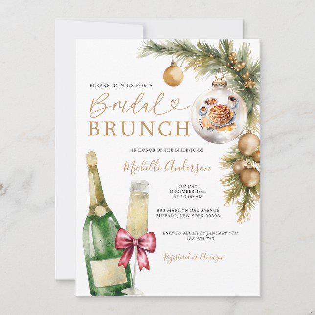 Wine Christmas Bauble Pancake Winter Bridal Brunch Invitation (Front)