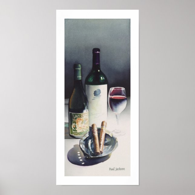 "Wine & Cigars" Still Life Watercolor Poster (Front)