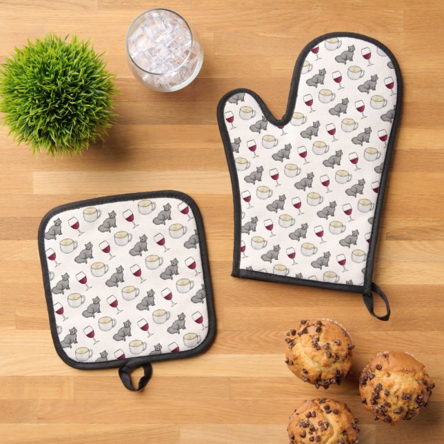 Wine Coffee Cats Adorable Novelty Oven Mitt & Pot Holder Set (Top Down)