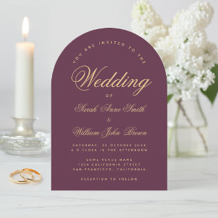 Wine Colour Arch Wedding Simple Golden Calligraphy Invitation