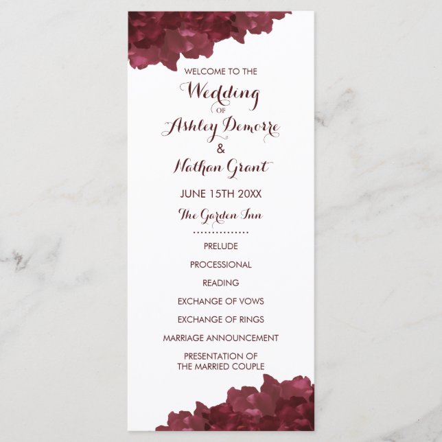 Wine Coloured Floral Wedding Program Programme (Front)