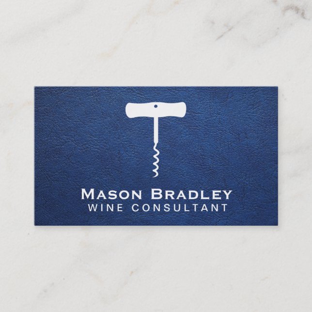 Wine Corkscrew | Blue Leather Texture Business Card (Front)