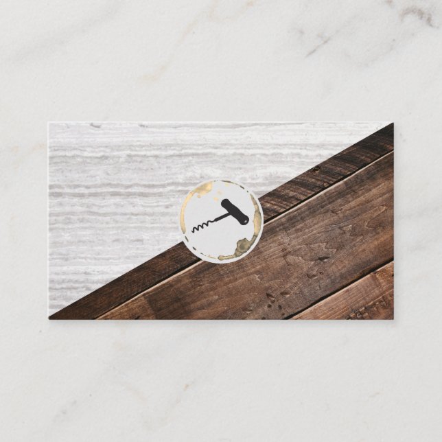 Wine Corkscrew Texture and Wood Colour Block Business Card (Front)