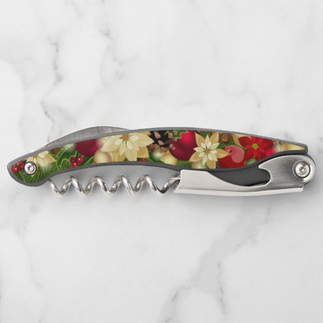 Wine Corkscrew w Knife Poinsettia Christmas Gift (Back)