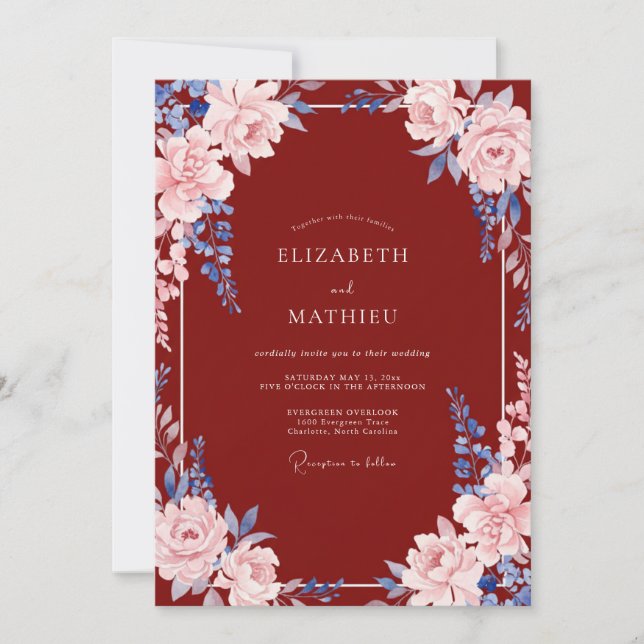Wine Cornflower Petal Wedding Invitation (Front)