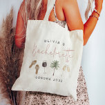 Wine Country Personalised Bachelorette Party Tote Bag<br><div class="desc">Get the party started with these cute custom totes that are easy to personalise for your bachelorette party, hen night, or girls' weekend! Boho wine country style design features delicate watercolor illustrations of sandals, a palm tree, champagne glasses and red wine with dusty rose pink accent lettering. Personalise with three...</div>