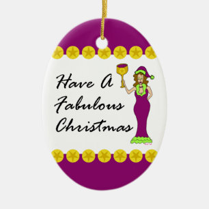 Wine Diva Fabulous Christmas Gold Stars Oval Ceramic Tree Decoration