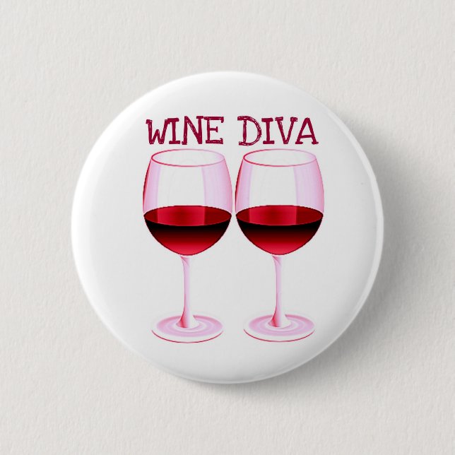 "WINE DIVA" FUN RED WINE PRINT 6 CM ROUND BADGE (Front)