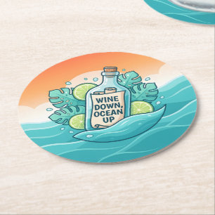 Wine Down, Ocean Up Round Paper Coaster