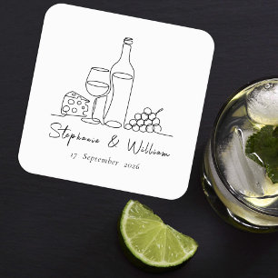 Wine Drink Line Art Sketch Custom Names Wedding Square Paper Coaster
