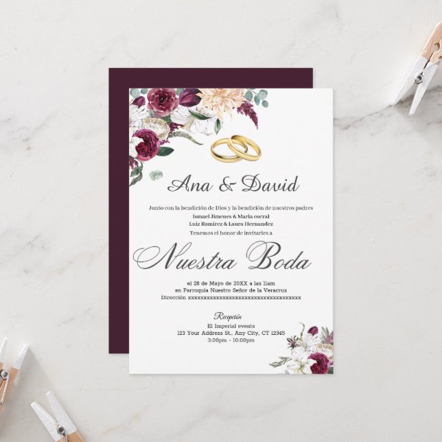 Wine Elegant Watercolor Floral Wedding Invitation (Front/Back In Situ)