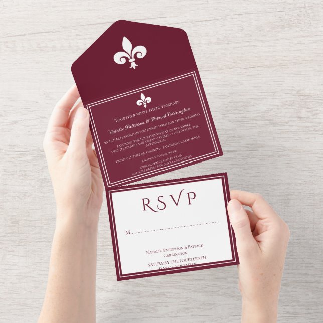 Wine Fleur de Lis All in One Wedding Invite (Tearaway)