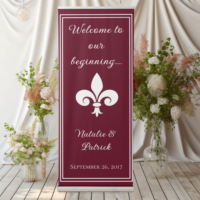 Wine Fleur de Lis Wedding Retractable Banner (Wine Red Fleur de Lis Wedding Welcome Retractable Banner)