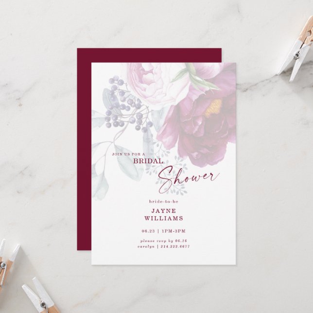 Wine Floral Elegant Bridal Shower  Invitation (Front/Back In Situ)