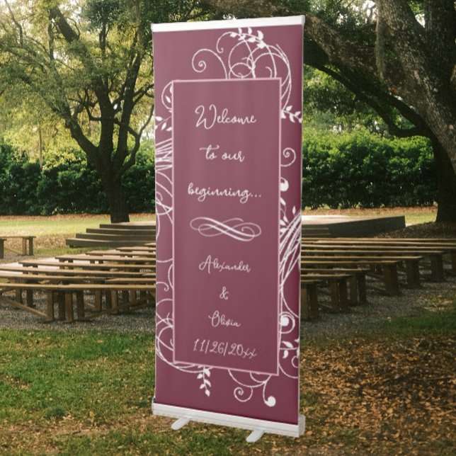 Wine Flourish Wedding Retractable Banner (Wine Red Flourish Wedding Welcome Banner)