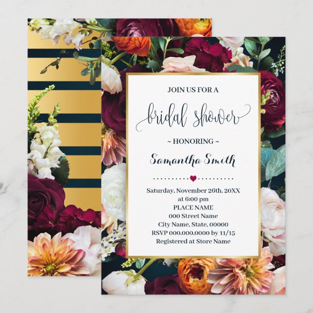 Wine Flowers Bridal Shower Navy Wedding Invitation (Front/Back)