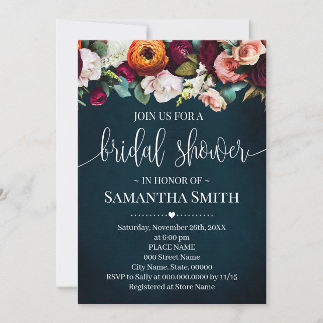 Wine Flowers Bridal Shower Navy Wedding Invitation (Front)