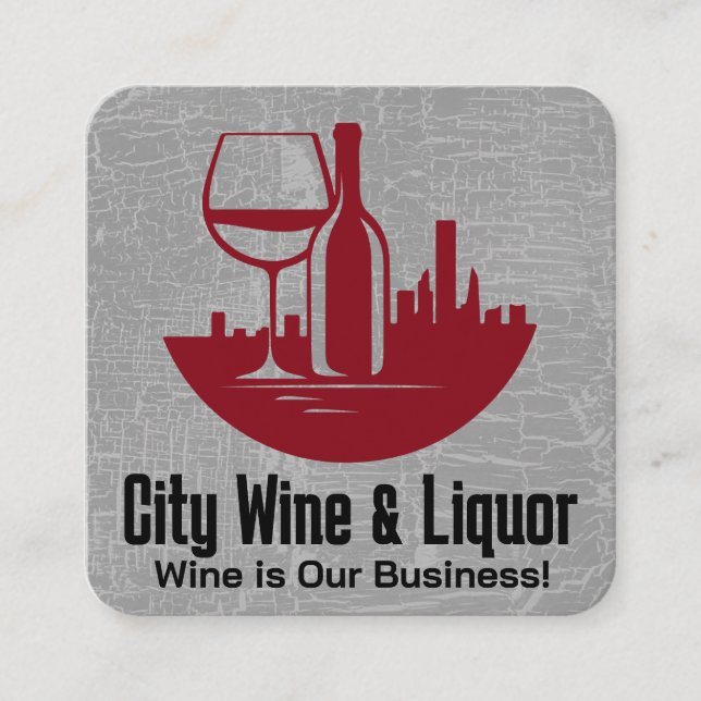 Wine Glass and Bottle | City Skyline Square Business Card (Front)