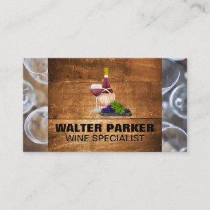 Wine Glass and Bottle   Wood Background Business Card