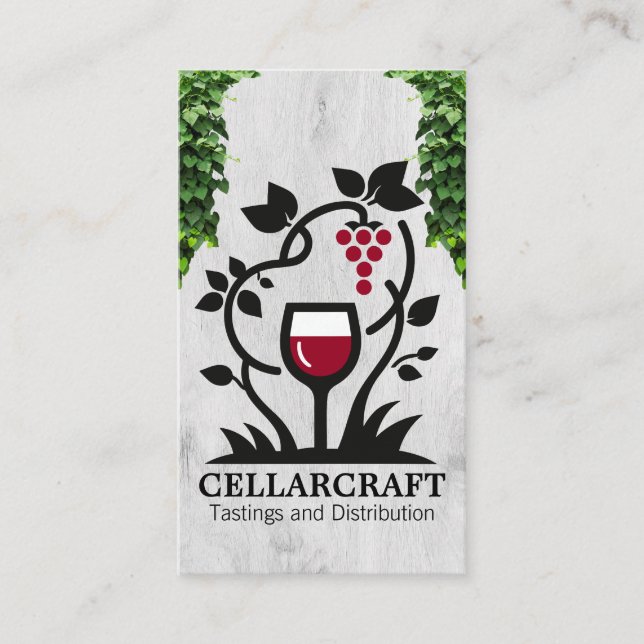 Wine Glass and Grapes | Vine Leaves Business Card (Front)