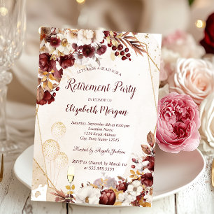 Wine Glass,Balloons Autumn Flowers Retirement Invitation