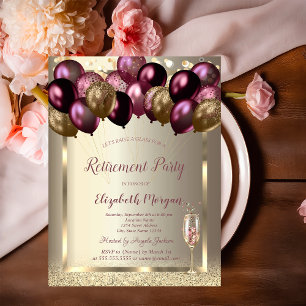 Wine Glass Balloons,Burgundy Champagne Retirement  Invitation