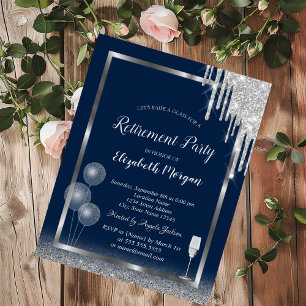 Wine Glass Balloons Glitter Drips Blue Retirement Invitation