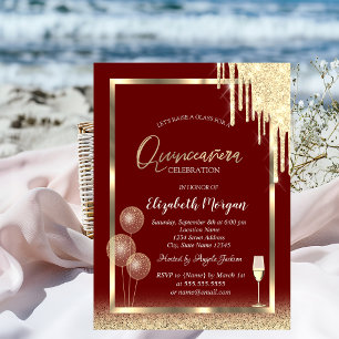 Wine Glass Balloons Glitter Drips Red Quinceañera  Invitation