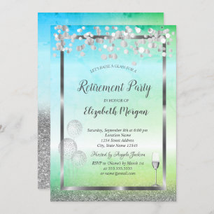 Wine Glass Balloons Glitter Green Retirement  Invitation