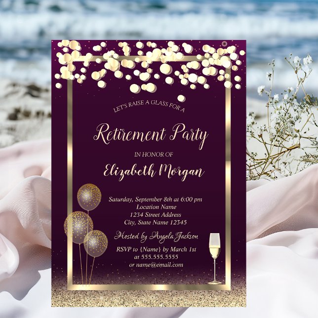 Wine Glass Balloons  Glitter Violet Retirement  Invitation (Creator Uploaded)