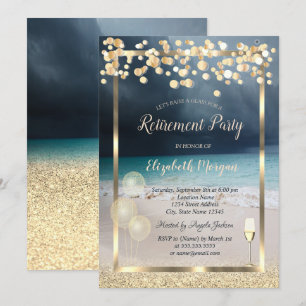 Wine Glass Balloons Gold Glitter Beach Retirement Invitation