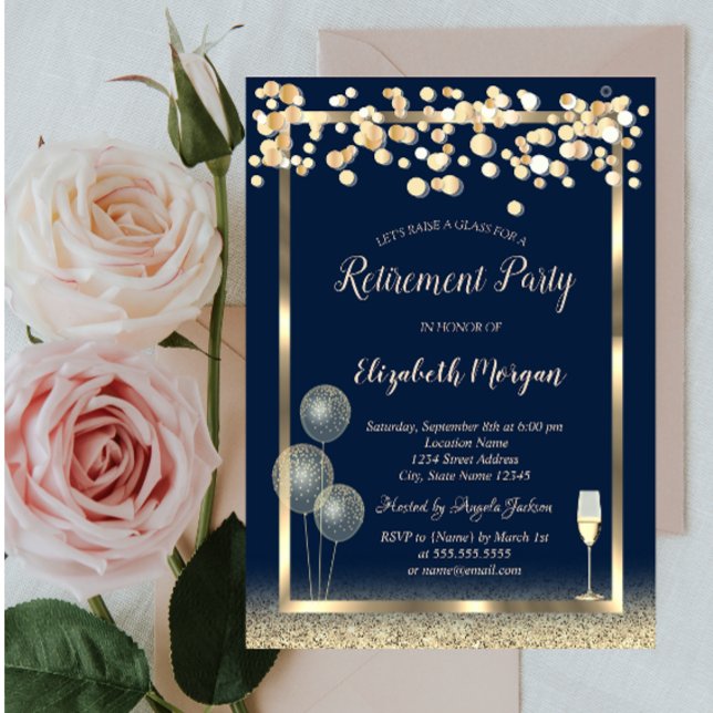 Wine Glass Balloons Gold Glitter Blue  Retirement Invitation (Creator Uploaded)