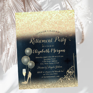 Wine Glass Balloons Gold Glitter Blue Retirement Invitation