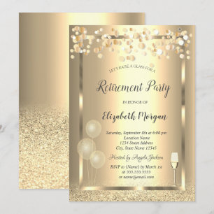 Wine Glass Balloons Gold Glitter Retirement Invitation