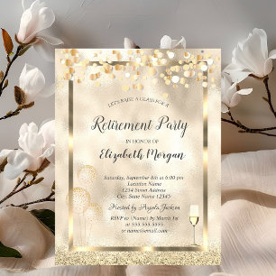 Wine Glass Balloons Gold Glitter Retirement  Invitation