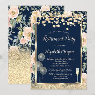 Wine Glass Balloons Gold Glitter Roses Retirement  Invitation