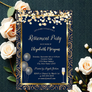 Wine Glass Balloons Gold Mandala Blue Retirement Invitation