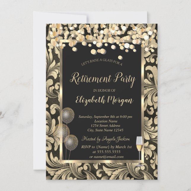 Wine Glass Balloons Gold Swirls Retirement Invitation (Front)