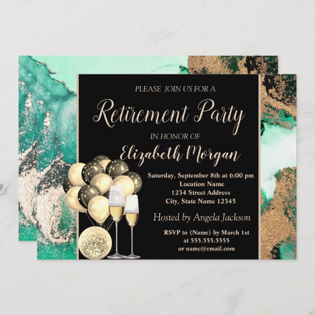  Wine Glass,Balloons,Green Marble Retirement Party Invitation (Front/Back)
