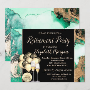 Wine Glass,Balloons,Green Marble Retirement Party Invitation