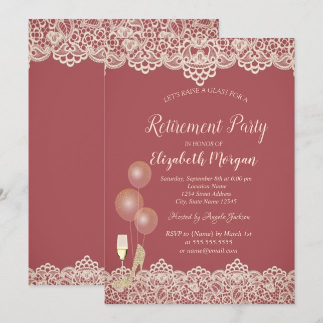 Wine Glass Balloons Lace Red Retirement Invitation (Front/Back)