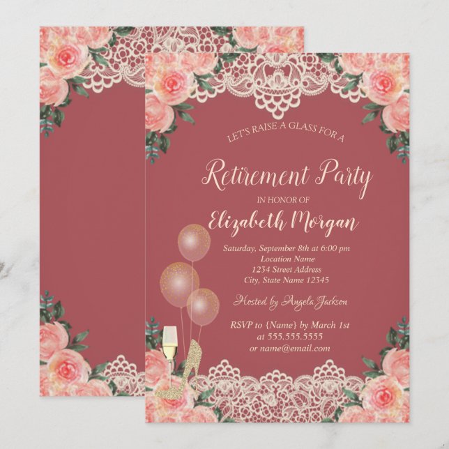 Wine Glass Balloons Lace Red Roses Retirement Invitation (Front/Back)
