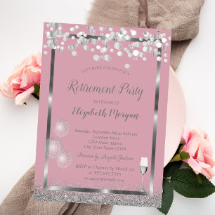 Wine Glass Balloons Silver Glitter PinkRetirement Invitation