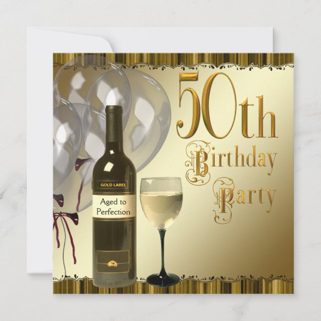 Wine Glass Bottle Black Gold 50th Birthday Party Invitation (Front)