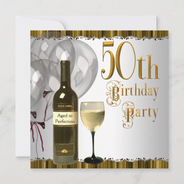 Wine Glass Bottle Black Gold 50th Birthday Party Invitation (Front)